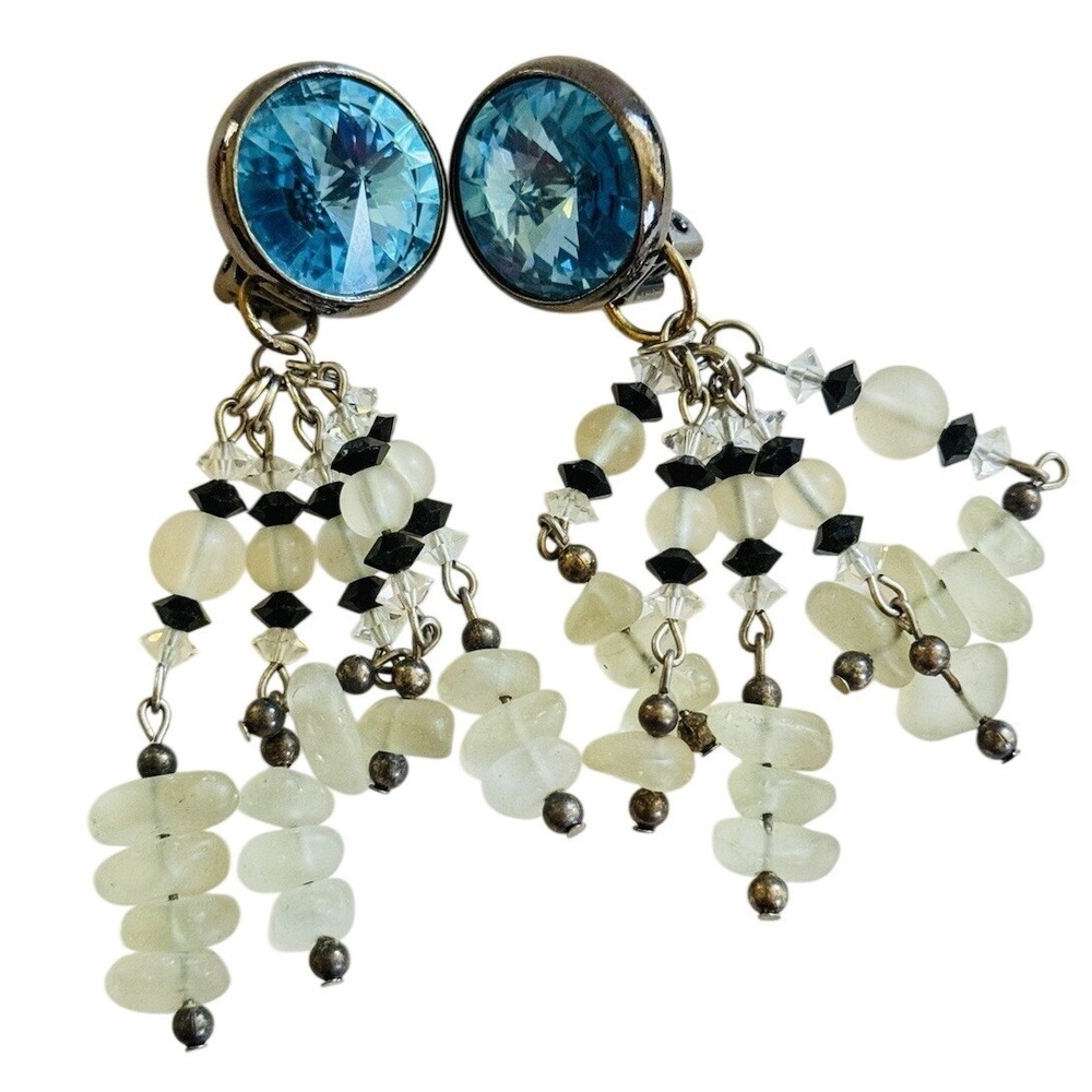 Earrings VTG statement Dangle Clip Rare Waterfall Glass Beads Crystal Rivoli 80s